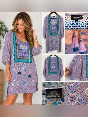 Tolani 100% Silk Boho Tunic Dress Small Purple Teal Tassel Tie 3/4 Sleeve